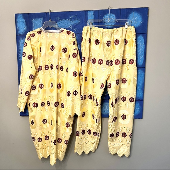Custom African Dashiki Pant Set Embroidered Eyelet - Yellow - Picture 3 of 7